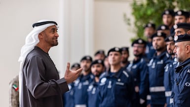 President Sheikh Mohamed congratulates the UAE Urban Search and Rescue team for retaining its elite classification. Ryan Carter / UAE Presidential Court ( Ryan Carter / UAE Presidential Court ) ---