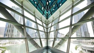 he Almas Tower is as impressive as they come, standing 360 metres tall on a small artificial island in the middle of Jumeirah Lakes Towers.