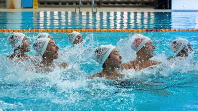The Santa Clara artistic swimming team warm up at the MGM Artistic Swimming Elite Extravaganza and Macao Open Competition 2025 in Macau. AFP