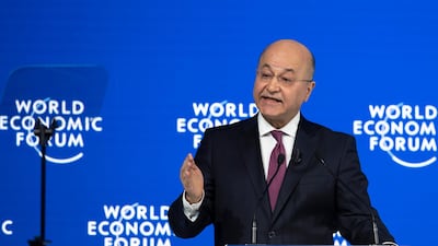 Barham Salih speaks during the 50th annual meeting of the World Economic Forum, WEF. AP