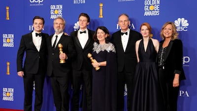 The cast of '1917' pose with their Best Motion Picture - Drama award, during the 77th annual Golden Globe Awards on January 5, 2020, at The Beverly Hilton hotel in Beverly Hills, California. Reuters