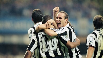 Newcastle United defender Darren Peacock celebrates opening the scoring in a 5-0 win over Manchester United at St James' Park in October 2006. Ben Radford / Getty Images