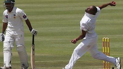 South Africa's Vernon Philander, right, bowls to Pakistan's Misbah-ul-Haq on the first day of their second cricket test match in Cape Town, South Africa on Sunday. Mike Hutchings / Reuters