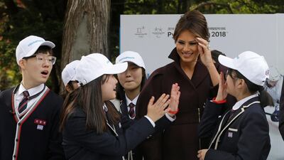 US First Lady Melania Trump talks to South Korean middle school students during the 'Girls Play 2!' Initiative, an Olympic public diplomacy outreach campaign, at the US Ambassador's Residence in Seoul, South Korea. Ahn Young-Joon / EPA