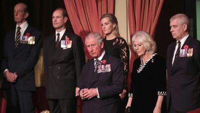 Britain's Prince Edward, Earl of Wessex, Sophie, Countess of Wessex, Prince Charles, Prince of Wales and Camilla, Duchess of Cornwall and Prince Andrew, Duke of York attend the Royal British Legion Festival of Remembrance. Chris Jackson / Pool Photo via AP