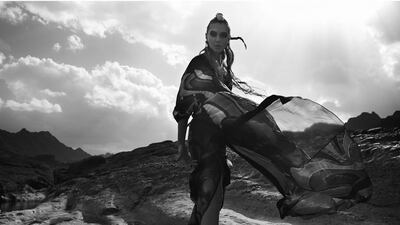 DREAM STATE: Kaftan, Dh9,650; Dress, Dh14,200, both Gucci. Shoes, Dh6,390, Christian Louboutin. Headpiece, stylist’s own. Earrings, Dh1,354, Erickson Beamon; Necklace, Dh1,330, Rosantica, both at Stylebop