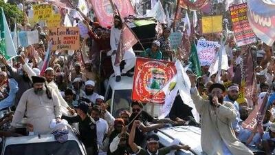 Pakistani Sunni Muslims gather during a protest rally in Lahore against the anti-Islam film, Innocence of Muslims, which has caused protests across the Muslim world.