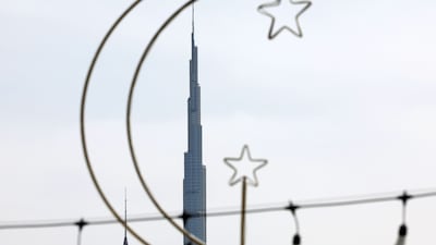 Decorations at the Burj Khalifa on first day of the Eid holidays in Dubai. Chris Whiteoak / The National