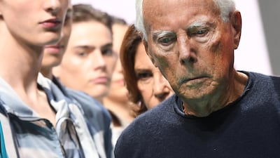 Armani at his spring/summer 2022 Milan Women's Fashion Week show in 2021. EPA