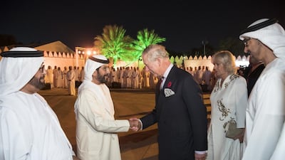 Sheikh Tahnoon bin Mohamed, Ruler’s Representative of the Eastern Region of Abu Dhabi, centre left, greets Britain’s Prince Charles, the Prince of Wales, during the launch of the UK-UAE Year of Culture at Al Jahili Fort in Al Ain. Seen here with Sheikh Mohammed bin Zayed, right, and Sheikh Saif bin Mohammed, left. Ryan Carter / Crown Prince Court — Abu Dhabi