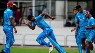 West Indies' Alzarri Joseph, centre, during training session at the MA Chidambaram Stadium. AFP