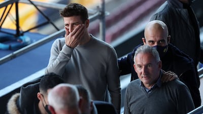 Gerard Pique, Pep Guardiola and Txiki Begiristain before the press conference. Reuters