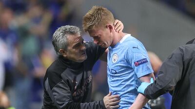 City's Kevin de Bruyne is substituted due to his face injury.