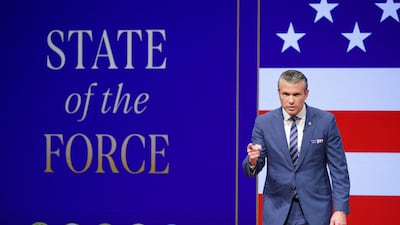 Defence Secretary Pete Hegseth gives his 'State of the Forces' address at Marine Corps Base Quantico on September 30 in Virginia. Getty Images via AFP