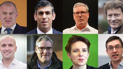 Party leaders in the UK general election campaign. Top, left to right: the Liberal Democrats' Ed Davey, the Conservatives' Rishi Sunak, Labour's Keir Starmer, Richard Tice of Reform UK. Bottom row, left to right: Stephen Flynn, the Scottish Nationalist Party's Westminster leader, the Democratic Unionist Party's Gavin Robinson, Green Party co-leaders Carla Denyer and Adrian Ramsay. PA