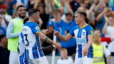 Brighton's Leandro Trossard celebrates scoring against Leicester on September 4, 2022. Reuters