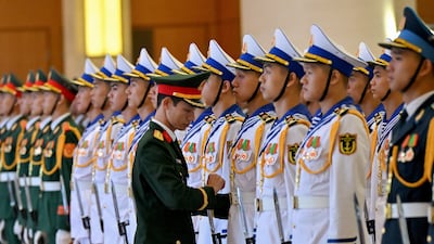 Honour guards rehearse for a welcome ceremony for Thailand's King Maha Vajiralongkorn and Queen Suthida at the National Assembly in Hanoi, Vietnam. EPA