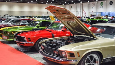 Customised Ford Mustangs at the International Motor Show Abu Dhabi and Custom Show Emirates at Abu Dhabi National Exhibition Centre. Khushnum Bhandari for The National