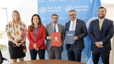 Among those at the signing of the aid agreement were Sultan Al Shamsi, Assistant Minister for International Development Affairs in the Ministry of Foreign Affairs, WHO Director General Dr Tedros Adhanom Ghebreyesus and Lana Nusseibeh, Assistant Minister of Foreign Affairs for Political Affairs, at the WHO headquarters in Geneva. Wam