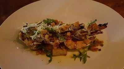 Flamed Jumbo Prawns at The Rib Room.