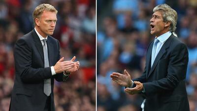 Manchester United manager David Moyes, left, and Manchester City manager Manuel Pellegrini square off for the first time in the latest installment of the Manchester derby on Sunday. Alex Livesey / Getty Images