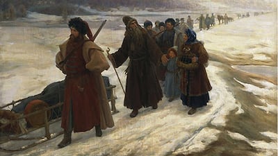 The Road to Siberia by Sergei Dmitrievich Miloradovich (1851-1943) depicts the banishment of political exiles and criminals, with their families, to the hostile frozen wastelands east of the Ural Mountains.