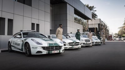 A selection of the Dubai Police fleet: Ferrari FF, Mercedes-Benz SLS-AMG, Bentley Continental GT, Porsche Panamera and Mercedes-Benz/Brabus G700. Photo: WSF Creative