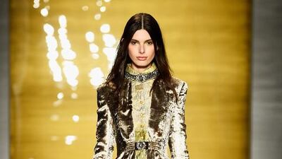 A model walks the runway at the Reem Acra fashion show during Mercedes-Benz Fashion Week Fall 2015 at The Salon at Lincoln Center on February 16, 2015 in New York City. Frazer Harrison / Getty Images for Mercedes-Benz Fashion Week / AFP
