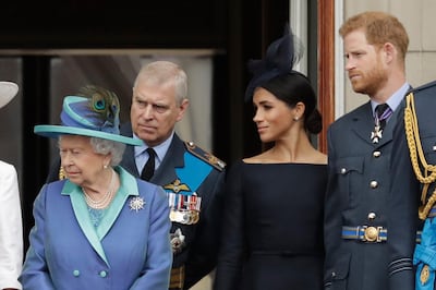 Britain's Queen Elizabeth II, Prince Andrew, Meghan the Duchess of Sussex and Prince Harry stand on a balcony to watch a flypast of Royal Air Force aircraft pass over Buckingham Palace in London in July 2018. AP