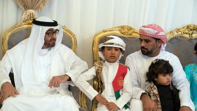 Sheikh Mohammed bin Zayed offers condolences to the family of martyr Abdullah Al Dahmani, who died while serving the the UAE Armed Forces in Yemen. Hamad Al Kaabi / Crown Prince Court - Abu Dhabi