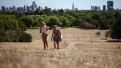 People make their way along a path through the parched grass of Primrose Hill in London. AFP