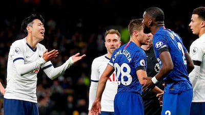 Tottenham Hotspur's Son Heung-min, left, appeals to Chelsea defender Antonio Rudiger after the two players clashed at the Tottenham Hotspur Stadium. The Sotuh Korean was shown a red card for the incident after a VAR review. AFP