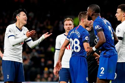 Tottenham Hotspur's Son Heung-min, left, appeals to Chelsea defender Antonio Rudiger after the two players clashed at the Tottenham Hotspur Stadium. The Sotuh Korean was shown a red card for the incident after a VAR review. AFP