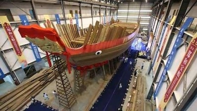 A replica of the 1,800-tonne Zheng He Treasure Ship under construction in Nanjing, China. Zheng He made seven voyages to more than 30 countries and regions in Asia and Africa from 1405 to 1433 during the Ming Dynasty.