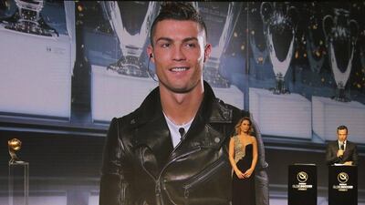 Cristiano Ronaldo speaks, via a video link live from Madrid after he was selected as the Best Player of the Year, during Dubai Football Gala & Globe Soccer Awards Ceremony in Dubai on December 27, 2016. Kamran Jebreili / AP