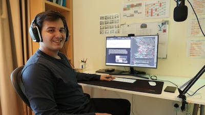 Louai Allani, a social entrepreneur and pupil working at his home in The Greens in Dubai. Pawan Singh / The National