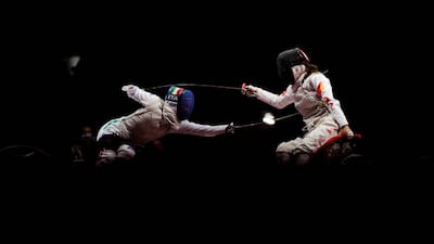 Italy's Beatrice Vio competes against Zhou Jingjing of China during the women's team foil gold medal match at Makuhari Messe during the Tokyo Paralympic Games on Sunday, August 29. Getty