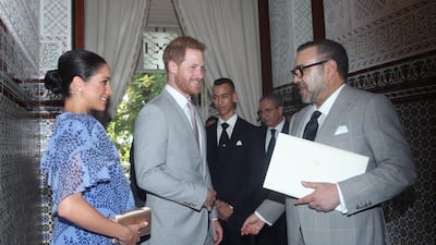 Prince Harry and Meghan, Duchess of Sussex with King Mohammed VI of Morocco on February 25, 2019 in Rabat, Morocco. Getty Images