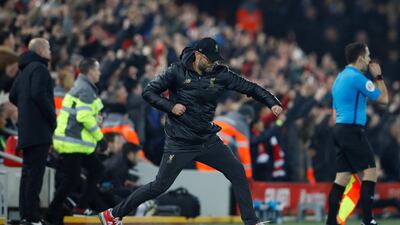 Liverpool manager Jurgen Klopp celebrates his side's fourth goal. Reuters
