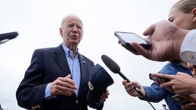 US President Joe Biden before boarding Air Force One at Joint Air Base Andrews on October 2. He was flying to North and South Carolina to view damage wrought by Hurricane Helene. AP