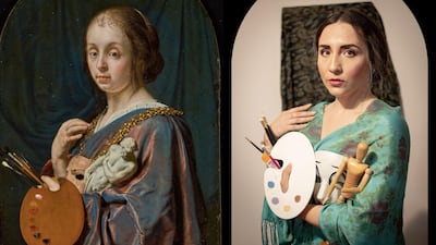 Twitter user Marisol Rios C recreates 'Pictura (An Allegory of Painting)' by Frans van Mieris the Elder as part of the Getty Museum challenge. Via @MarisolRiosC / Twitter