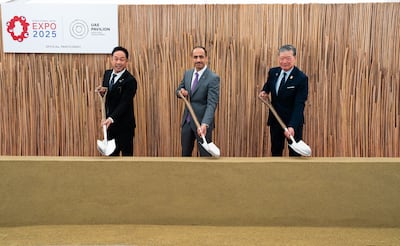 Shihab Al Faheem, UAE ambassador to Japan, along with Expo organisers and other officials, break ground at the sited of the Emirates pavilion, on Yumeshima island. Wam
