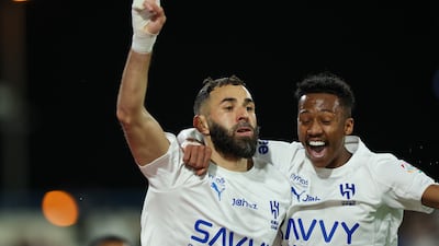 Al Hilal's new signing Karim Benzema celebrates scoring the opening goal against Al Okhdood at the Prince Hathloul Bin Abdulaziz Sport City Stadium in Najran. Getty Images