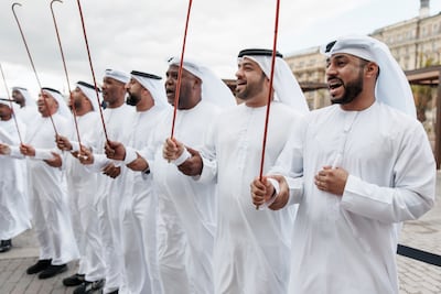 Al Ayala dancers showcase one of the UAE’s best-known traditional performing arts at Manezhnaya Square. Photo: National Media Authority