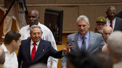 Cuba's president Raul Castro, centre left, and first vice president Miguel Diaz-Canel arrive for a session of the National Assembly in Havana, Cuba. Reuters