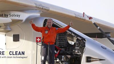 Bertrand Piccard celebrates after his successful landing. EPA