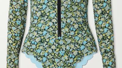 The Marysia North Sea scalloped floral-print stretch-crepe swimsuit offers UV protection and brings summery style in spades; Dh1,822.81, Marysia at netaporter.com. Photo: Net-a-Porter