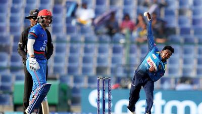 Akila Dananjaya of Sri Lanka bowling during the Asia Cup UAE 2018 cricket match between Afghanistan vs Sri Lanka at Sheikh Zayed Cricket Stadium in Abu Dhabi.