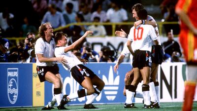 England's David Platt, second left, celebrates his last-gasp winner against Belgium at the 1990 World Cup in Italy. Getty