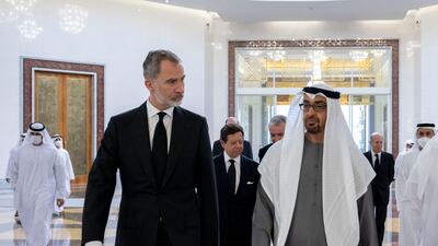 King Felipe VI of Spain walks with President Sheikh Mohamed at Abu Dhabi's Presidential Airport